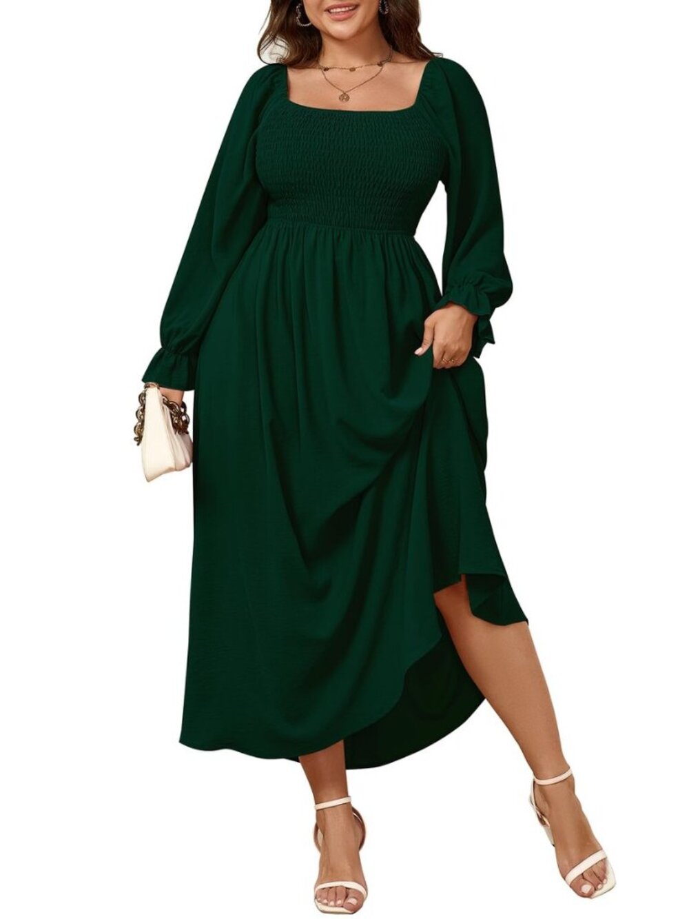 Women's Plus Size Maxi Dress Long Sleeve Square Neck Smocked Flowy A-Line Boho
